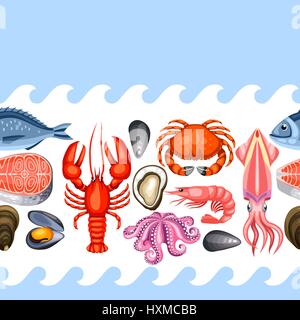 Modèle transparent avec divers fruits de mer. Illustration de poisson, mollusques et crustacés Illustration de Vecteur