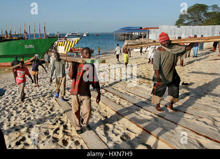 Zanzibar, Tanzanie - le 16 février 2008 : African stevedores décharger un navire de bois dans le port de Zanzibar. Banque D'Images