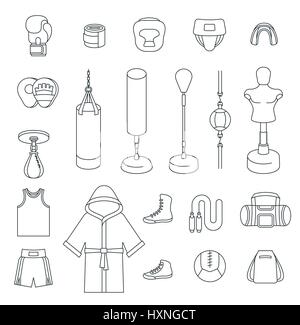 Icônes de boxe télévision vecteur de conception fine ligne d'icônes. L'équipement de formation Boxer contours des symboles. Outils d'entraînement de sport, protection, vêtements et chaussures. Martial Illustration de Vecteur