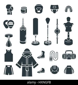 Design plat icônes boxe Silhouettes vecteur d'icônes. L'équipement de formation Boxer des symboles. Outils d'entraînement de sport, protection, vêtements et chaussures. Arts martiaux Illustration de Vecteur