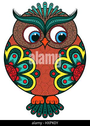 Grand colorés stylisés ornate funny owl arrondies, illustrations vectorielles isolé sur fond blanc Illustration de Vecteur