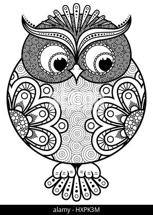 Gros arrondi orné stylisée owl, noir contour vectoriel isolé sur fond blanc Illustration de Vecteur