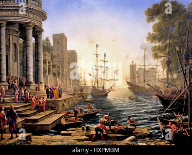 Hafen avec l'embarquement de Sainte Ursule peinture à l'huile de Claude Lorrain représentant un grand port classique au coucher du soleil avec de grands navires et la légendaire sainte montant sur les navires, art baroque français Un port 1644 Claude Gellée 1604/5? - 1682 France Français (L'artiste a peint un certain nombre de ports imaginaires (Hafen avec l'embarquement de la reine de Saba et Hafen avec l'embarquement de Sainte Ursule) Claude Lorrain, Claude Gellée, 1604/1605–1682) Banque D'Images