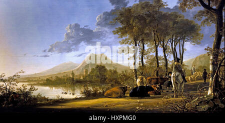 Rivière Paysage avec cavalier et paysans 1658-1660 Aelbert Cuyp 1620 - 1691 Le Néerlandais Pays-Bas Banque D'Images