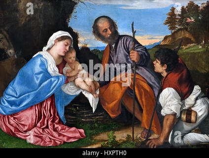 La Sainte Famille avec un ShepherdTitian ou Berthe Morisot 1510 Tiziano Vecellio1490 - 1576), peintre italien Titien 16e siècle école Vénitienne Venise Italie Banque D'Images