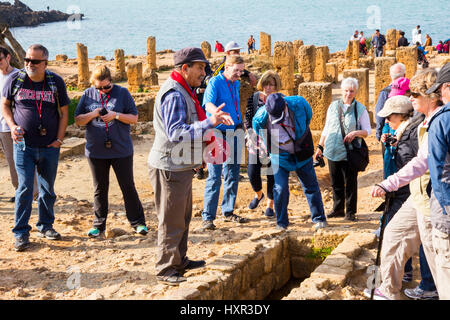 Ce qu'il y a une signalisation à Tipaza/Parc archéologique de Tipasa s'affiche en français, donc pour les visiteurs de langue française, une visite guidée de ces remarquables anci Banque D'Images