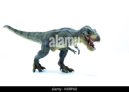 Dinosaure Tyrannosaurus Rex vert avec la bouche ouverte en position d'attaque - Fond blanc Banque D'Images