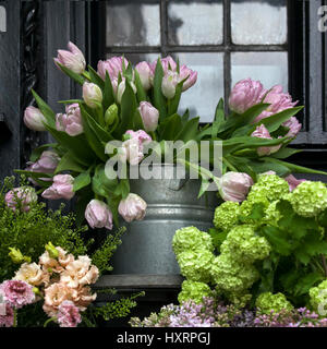 Les grands bouquets de tulipes, lilas et bourgeons lily en vente sur le marché Banque D'Images