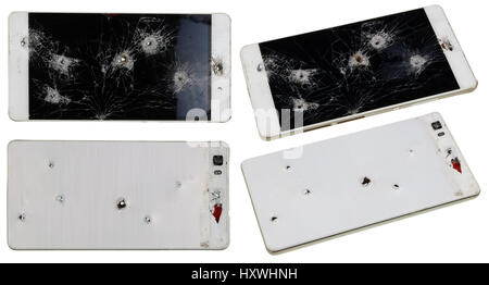 Pas de nom téléphone avec des trous de clous et les balles concept. Isolé sur blanc collage. Tous les logos et marques déposés. Banque D'Images