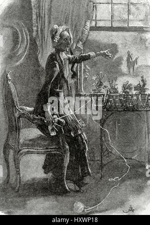 Charles Dickens (1812-1870). Romancier britannique. Scène de Bettsy Trotwood, du roman 'David Copperfield' (1849). Gravure de J. Balmard. 'La Ilustracion Iberica', 1898. Banque D'Images