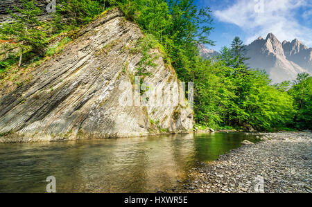 Paysage avec des arbres d'été composite sur une falaise nearthe rivage d'une rivière au pied de la crête de la montagne Tatra haute épique avec pics rocheux sous b Banque D'Images