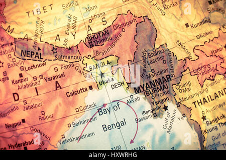 Vintage Map Myanmar,Bangladesh, Close-up macro image d'Asie du Sud-Est carte . Selective focus sur le Bangladesh Banque D'Images