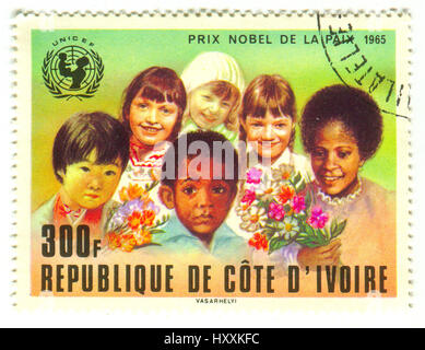 GOMEL, BÉLARUS, 30 mars 2017, de timbres en Côte d'Ivoire montre libre du prix Nobel de la paix est l'un des cinq Prix Nobel créé par l'Swedis Banque D'Images