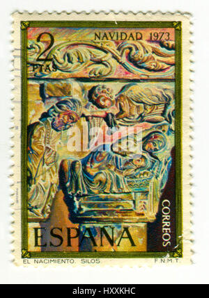 GOMEL, BÉLARUS, 30 mars 2017, de timbres en Espagne montre Nativité, capitale de la colonne à partir de silos, vers 1973. Banque D'Images