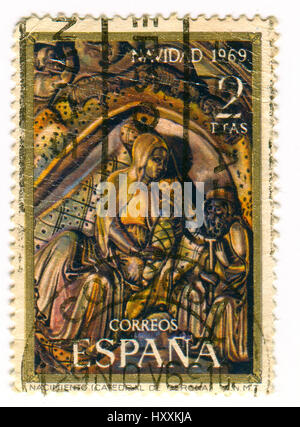 GOMEL, BÉLARUS, 30 mars 2017, de timbres en Espagne montre Nativité, Bas - relief, Noël, vers 1969. Banque D'Images