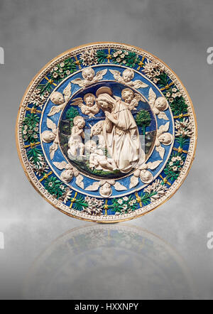 Terre cuite émaillée Panneau de secours de l'adoration de la Vierge de l'enfant avec l'enfant Jean le Baptiste, Andrea et Giovanni della Robbia, Florence Banque D'Images