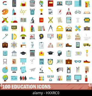 L'éducation 100 icons set, style plat Illustration de Vecteur