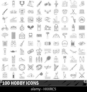 Hobby 100 icons set style du contour, Illustration de Vecteur