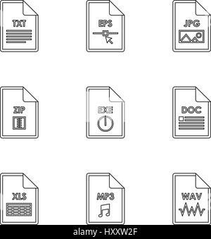 Types de fichiers icons set style du contour, Illustration de Vecteur