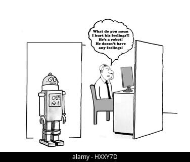 Caricature d'affaires sur la question de savoir si ou pas des robots ont des sentiments. Banque D'Images