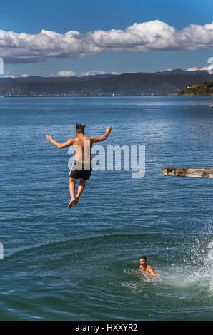 Wellington, Nouvelle-Zélande - 11 Février 2017 : Wellington waterfront avec les adolescents de sauter d'un plongeoir près de Frank Kitts Park et pont lagon. Banque D'Images