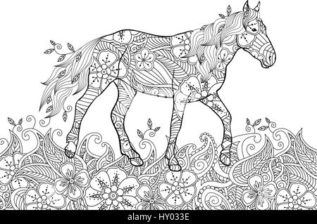 Coloriages en zentangle doodle inspiré du style. Running horse on flowering meadow. Illustration de Vecteur