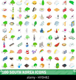 Corée du Sud 100 icons set, style 3D isométrique Illustration de Vecteur