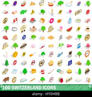 100 suisse icons set, style 3D isométrique Illustration de Vecteur