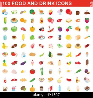 Aliments et boissons 100 icons set, style 3D isométrique Illustration de Vecteur