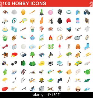 Hobby 100 icons set, style 3D isométrique Illustration de Vecteur