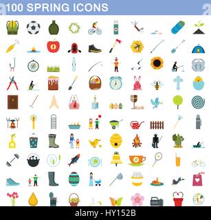 100 spring icons set, style plat Illustration de Vecteur