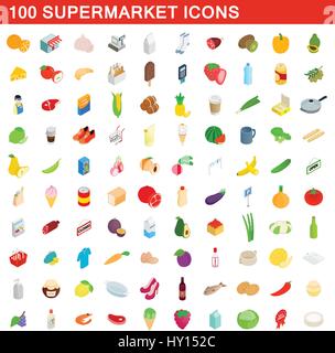 Supermarché 100 icons set, style 3D isométrique Illustration de Vecteur