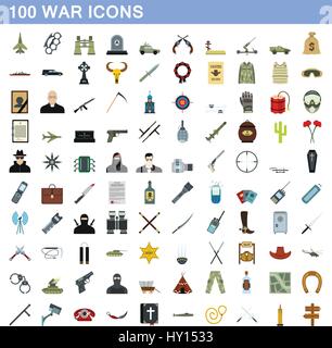 La guerre 100 icons set, style plat Illustration de Vecteur