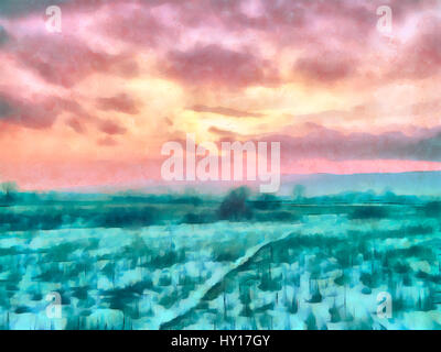 Aquarelle numérique d'un coucher de soleil d'hiver dans des tons chauds dans le ciel froid contraste des tons de la neige au sol. Banque D'Images