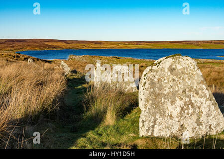 Les Achavanich Standing Stones, près de Lybster, Caithness, Écosse, Royaume-Uni. Derrière se trouve Loch Stemster. Banque D'Images