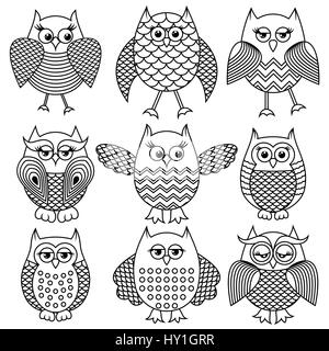 Ensemble de neuf dessins amusants ornementé hibou décrit avec de grands yeux isolé sur le fond blanc, vector illustration Illustration de Vecteur