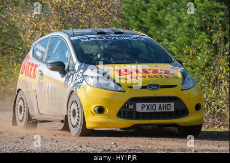 Aldershot, Royaume-Uni - 3 novembre 2012 : Alex Parpottas au volant d'une Ford Fiesta sur le pavillon étape du rallye tempête MSA près d'Aldershot, Royaume-Uni Banque D'Images