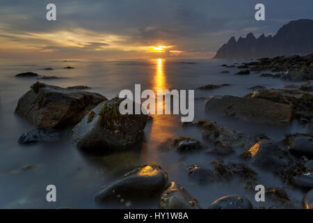 L &# 39;soleil de minuit&# 39 ; plus Ersfjorden Tungeneset, vu de de. L'île de Senja, Troms, Norvège. Juillet. Composite. Banque D'Images