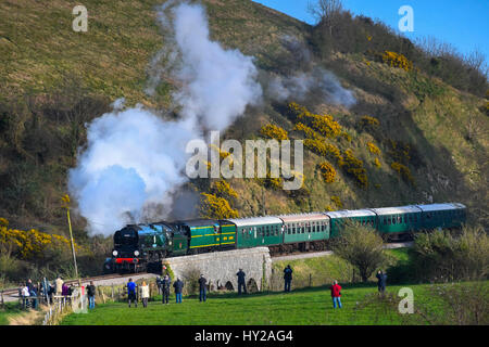 Château de Corfe, Dorset, UK. Mar 31, 2017. Le chemin de fer Swanage l'hôte d'un gala de la vapeur sur 3 jours avec Bulleid locomotives pour célébrer le 50e anniversaire de l'opération finale de la vapeur sur les services de transport ferroviaire de la région du Sud. Sur la photo, les locomotives 34053 Sir Keith Park et 34081 92 e Escadron à une double formation crossing le viaduc à Corfe Castle sur son approche de Norden. Crédit photo : Graham Hunt/Alamy Live News Banque D'Images