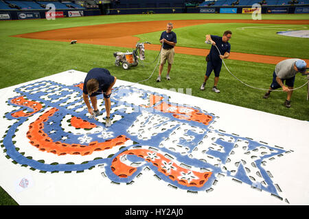 Saint Petersburg, Florida, USA. Mar 31, 2017. Vous VRAGOVIC | fois.Les êtres humains de l'équipage des motifs les travaux sur la peinture de la semaine d'ouverture logo sur la ligne du troisième but au Tropicana Field à Saint-Pétersbourg, en Floride, le vendredi 31 mars 2017. Credit : Vragovic/Tampa Bay Times/ZUMA/Alamy Fil Live News Banque D'Images