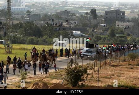 Deir el-Balah, dans la bande de Gaza. 31 mars 2017 - Deir El-Balah, la bande de Gaza, territoire palestinien - Bédouins palestiniens prendre part au cours d'un rassemblement marquant le 41e anniversaire du Jour de la Terre, à Deir el-Balah, Centre de la bande de Gaza, le 31 mars 2017. La Journée de la Terre marque la mort de six Arabes israéliens en 1976, des manifestations contre les confiscations de terres arabes israéliennes : Crédit Ashraf Amra/APA/Images/fil ZUMA Alamy Live News Banque D'Images