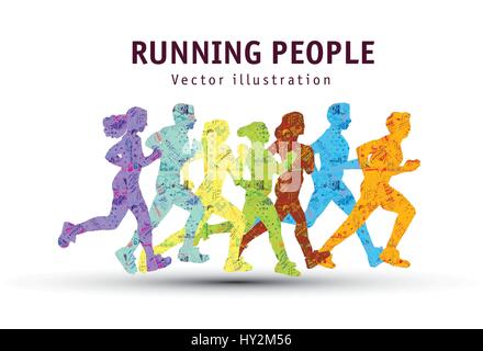 Les gens courent le marathon sport silhouette couleur. Illustration de Vecteur