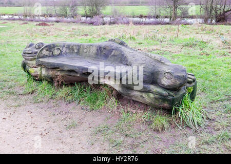 Un banc en bois fabriqué à partir d'un tronc d'arbre sculpté dans la forme d'un ver ou lézard dans Marbury Country Park Cheshire England UK Banque D'Images