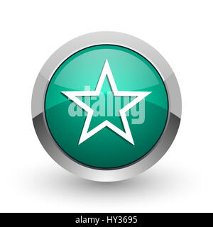 Star silver chrome métallique conception web internet rond vert icône avec ombre sur fond blanc. Banque D'Images