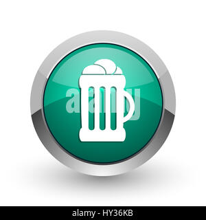 La bière argent métallisé chrome web design ronde vert icône internet avec ombre sur fond blanc. Banque D'Images