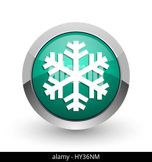 Snow silver metallic chrome web design ronde vert icône internet avec ombre sur fond blanc. Banque D'Images