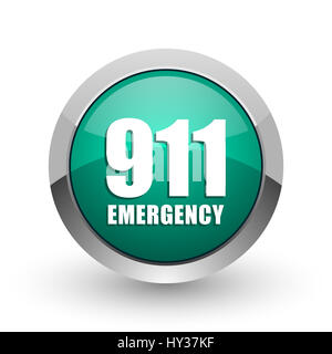 Urgence numéro 911 argent métallisé chrome web design internet rond vert icône avec ombre sur fond blanc. Banque D'Images