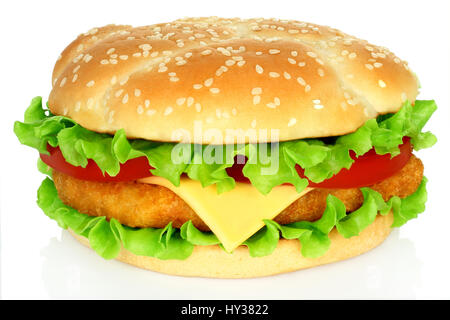 Big hamburger avec escalope de poulet sur fond blanc Banque D'Images