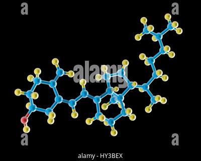 Un modèle moléculaire de la vitamine D3 (cholécalciférol), une forme de la vitamine D synthétisée dans la peau en raison du rayonnement ultraviolet B la lumière. La vitamine D3 joue un rôle dans l'absorption du calcium pour maintenir la solidité des os et de l'équilibre des taux de calcium et de phosphore dans le sang. Les atomes sont de couleur bleue (carbone), jaune (hydrogène), et rouge (oxygène). Banque D'Images