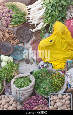 Dame indienne en sari jaune vente de fruits et légumes sur un marché de rue à Pushkar Rajasthan Inde Banque D'Images